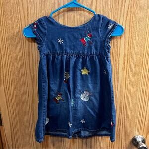 Next UK Girls Size 5 / 6 Embroidered Christmas Jean Dress Reindeer Snowman Trees